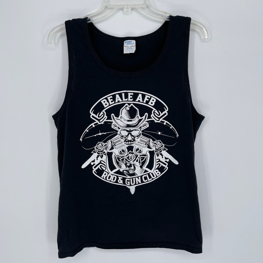 Port & Company Men's Black Beale AFB Rod Gun Club‎ Skull Graphic Tank Top Size M